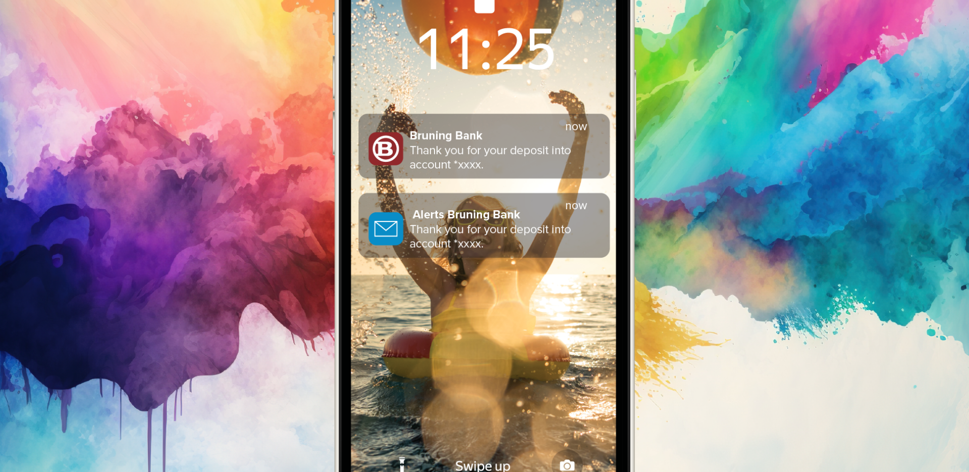 An explosion of color as a background and a phone in the foreground showing that you can receive Digital Receipts in text or email.