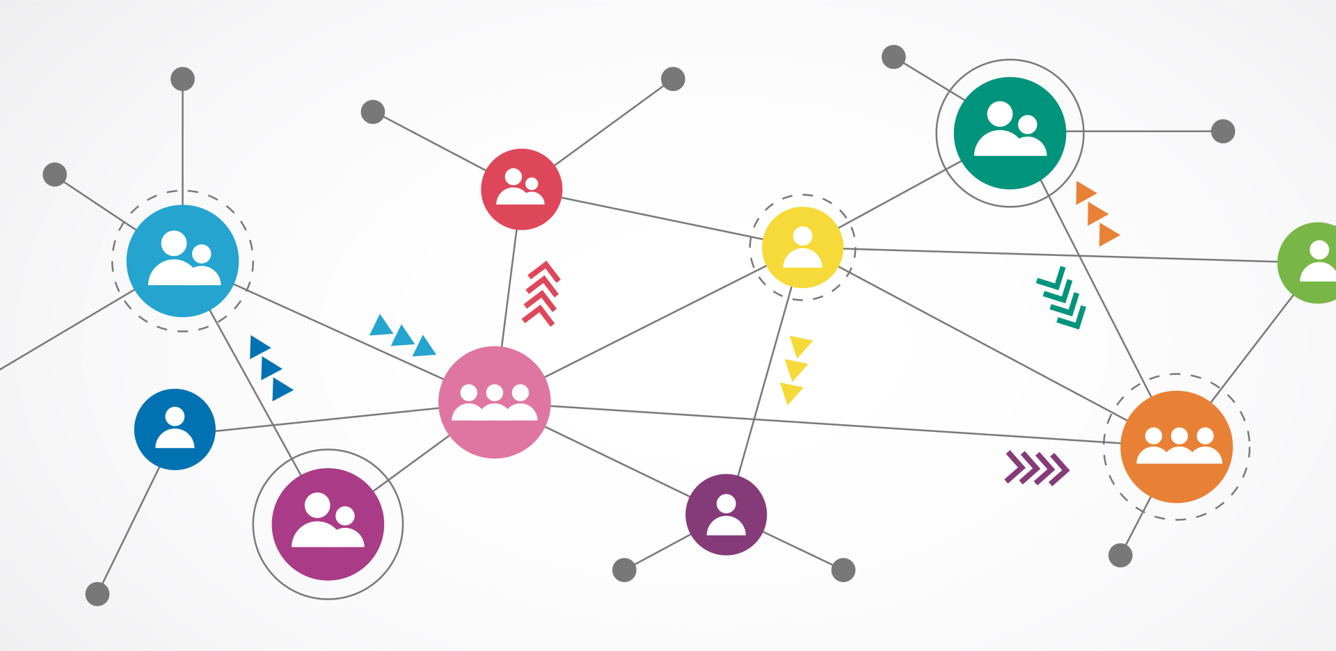 A line web of circles with silhouettes of people in them- representing communication.